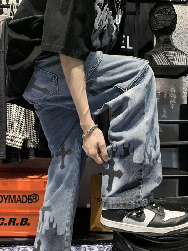 CARGO JEANS WITH CRISSCROSS PRINT IN PUNK STYLE