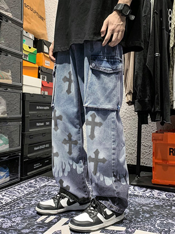 CARGO JEANS WITH CRISSCROSS PRINT IN PUNK STYLE