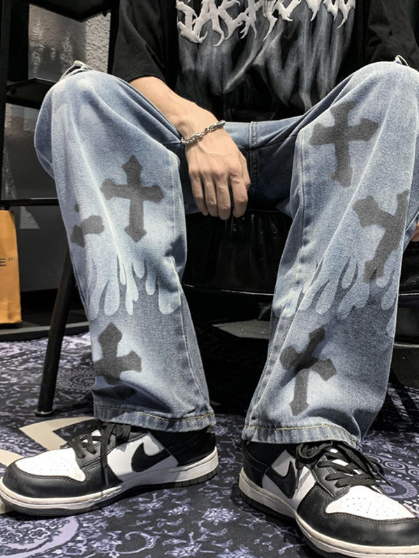 CARGO JEANS WITH CRISSCROSS PRINT IN PUNK STYLE