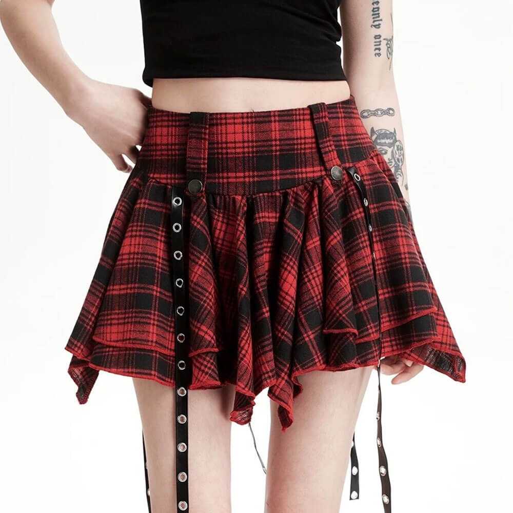 CASUAL REBEL PLAID SKIRT ASYMMETRIC HEMLINE