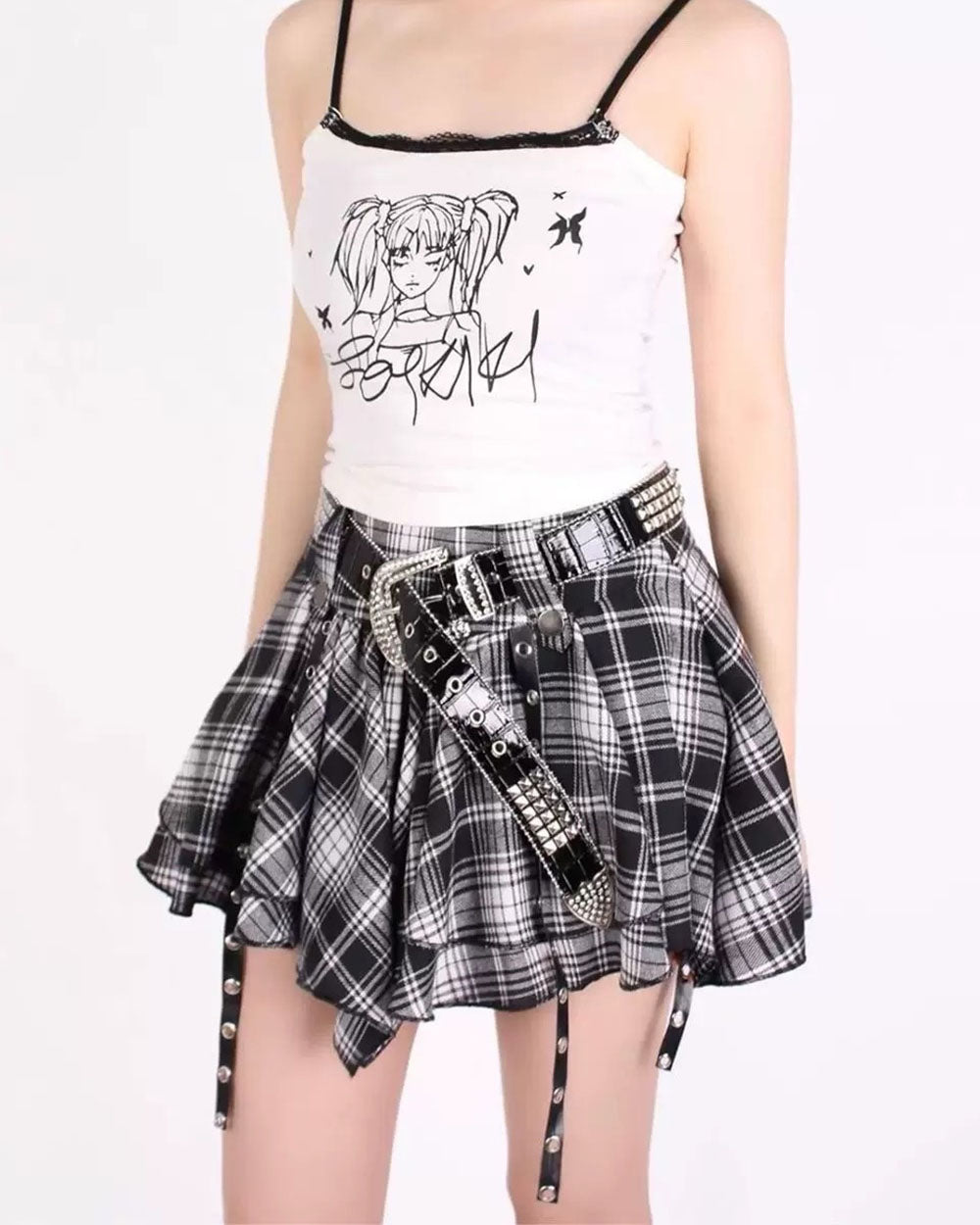 CASUAL REBEL PLAID SKIRT ASYMMETRIC HEMLINE