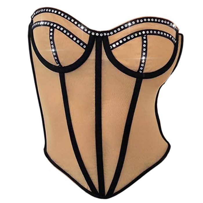 CATWALK CORSET TOP SHEER MESH RHINESTONE DETAIL
