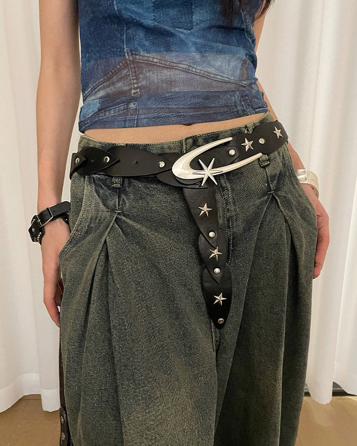 CELESTIAL VEGAN LEATHER BELT WITH MOON AND STAR BUCKLE