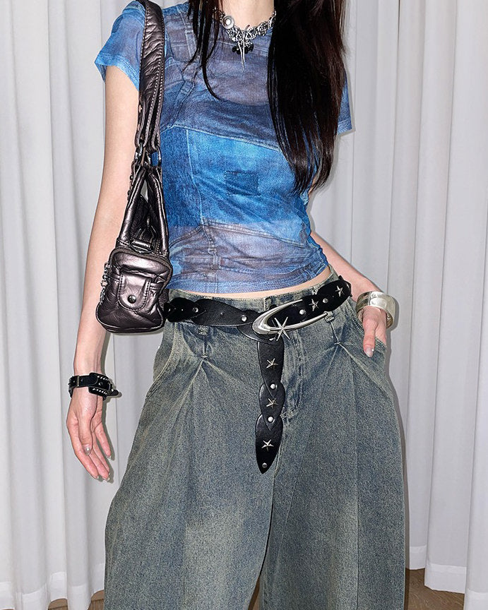 CELESTIAL VEGAN LEATHER BELT WITH MOON AND STAR BUCKLE