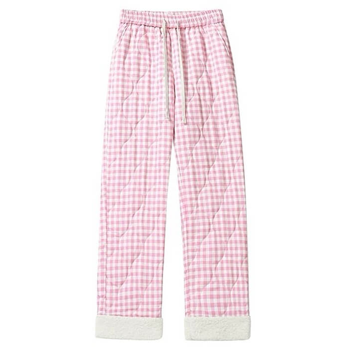 CHECKERED QUILTED PANTS WITH FUR TRIM WAIST MEASURES APPROXIMATELY