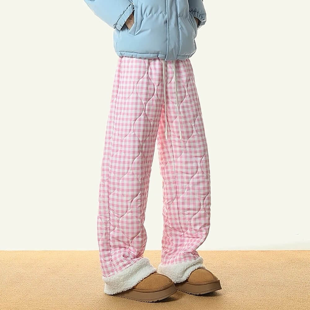 CHECKERED QUILTED PANTS WITH FUR TRIM WAIST MEASURES APPROXIMATELY