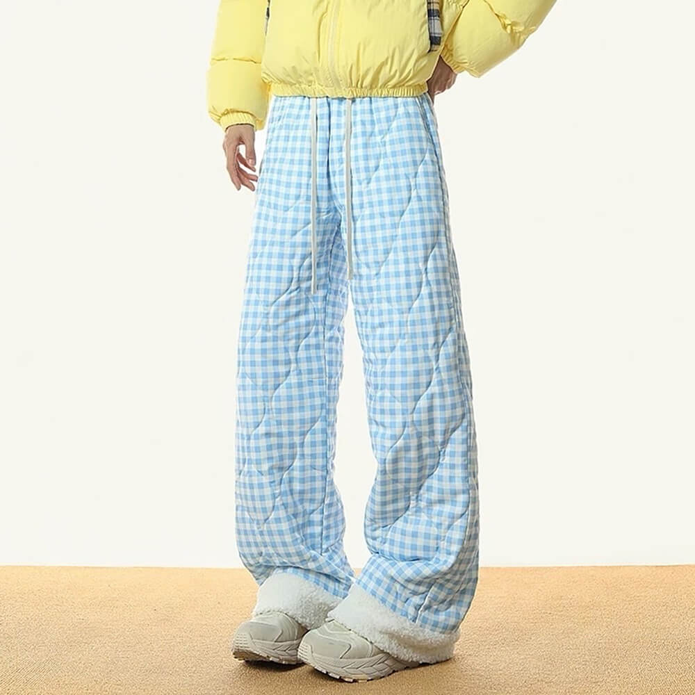 CHECKERED QUILTED PANTS WITH FUR TRIM WAIST MEASURES APPROXIMATELY