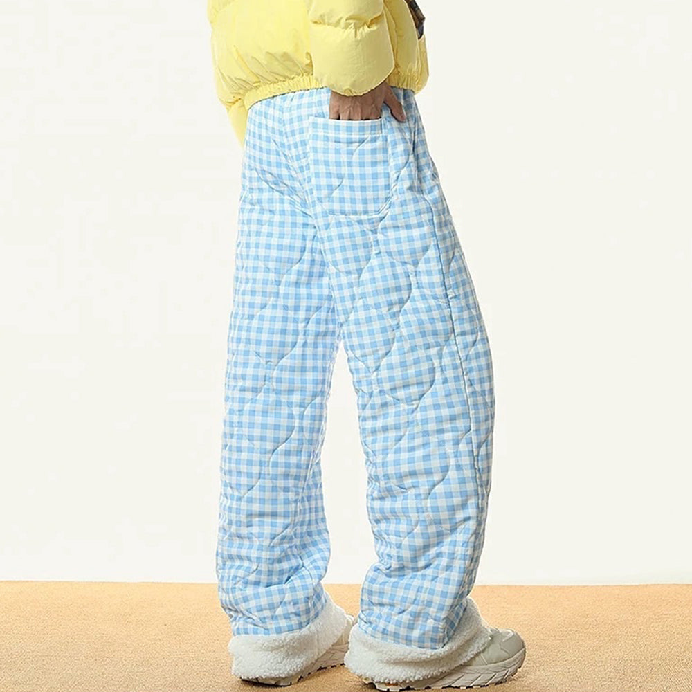 CHECKERED QUILTED PANTS WITH FUR TRIM WAIST MEASURES APPROXIMATELY