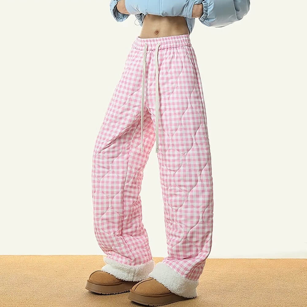 CHECKERED QUILTED PANTS WITH FUR TRIM WAIST MEASURES APPROXIMATELY
