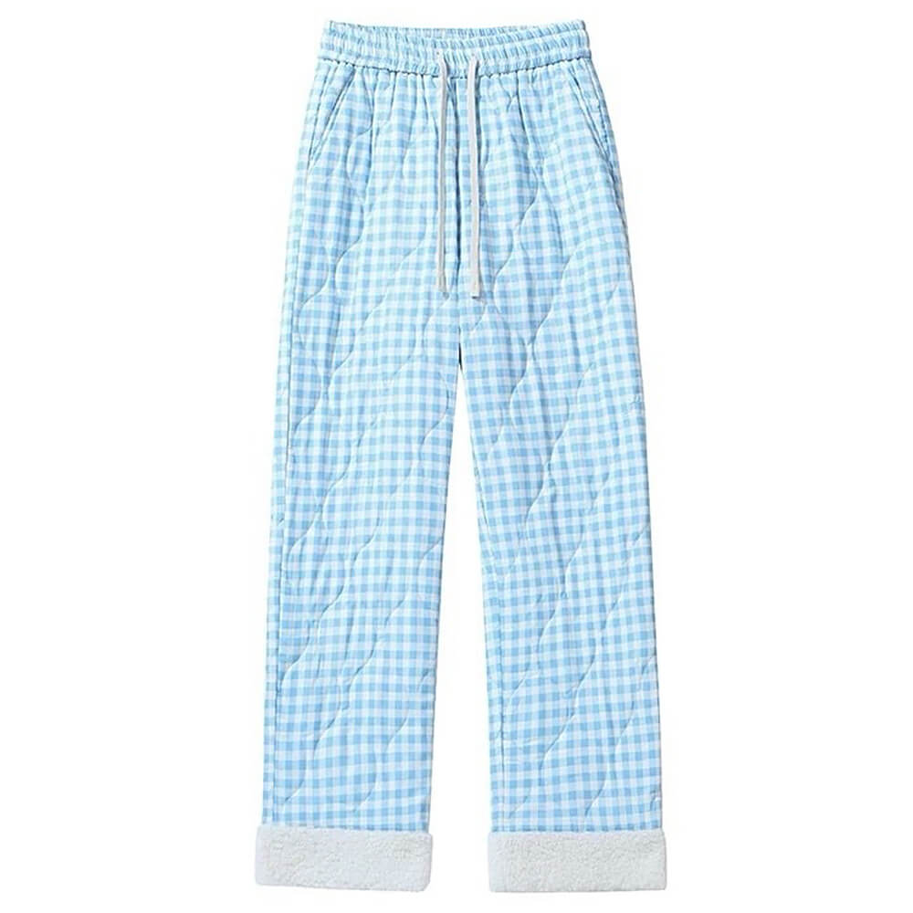 CHECKERED QUILTED PANTS WITH FUR TRIM WAIST MEASURES APPROXIMATELY