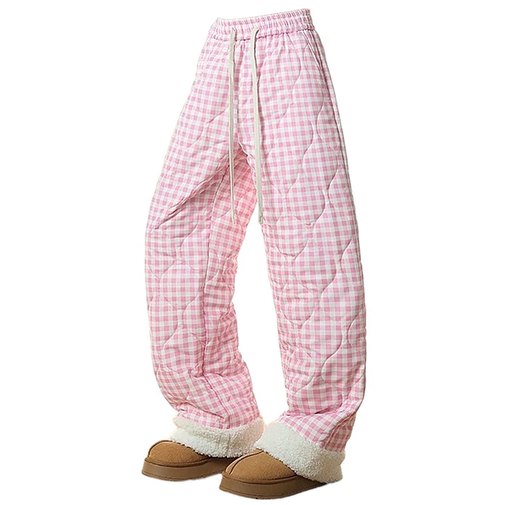 CHECKERED QUILTED PANTS WITH FUR TRIM WAIST MEASURES APPROXIMATELY