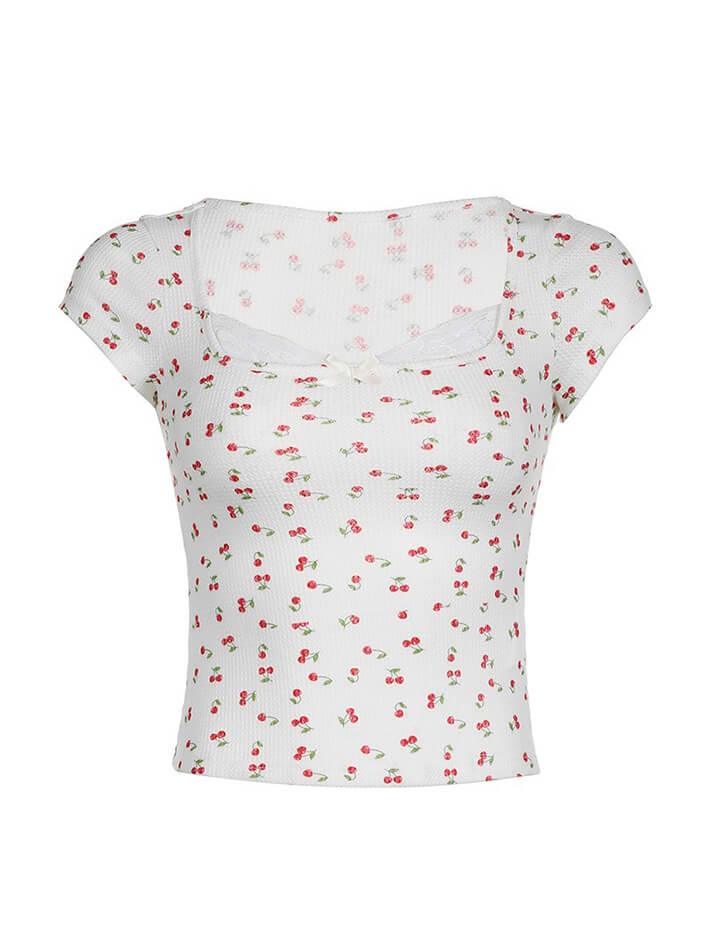CHERRY-PATTERNED TOP WITH LACE TRIM SLIM FIT V-NECK