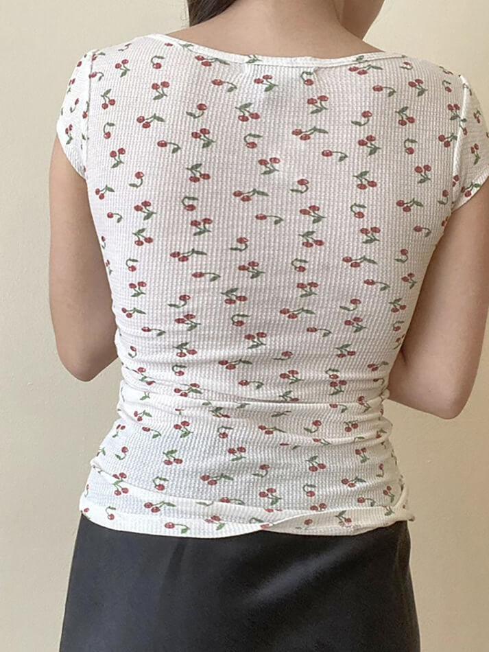 CHERRY-PATTERNED TOP WITH LACE TRIM SLIM FIT V-NECK