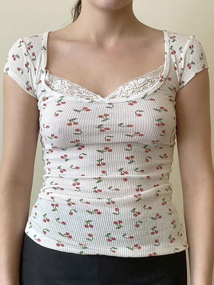 CHERRY-PATTERNED TOP WITH LACE TRIM SLIM FIT V-NECK