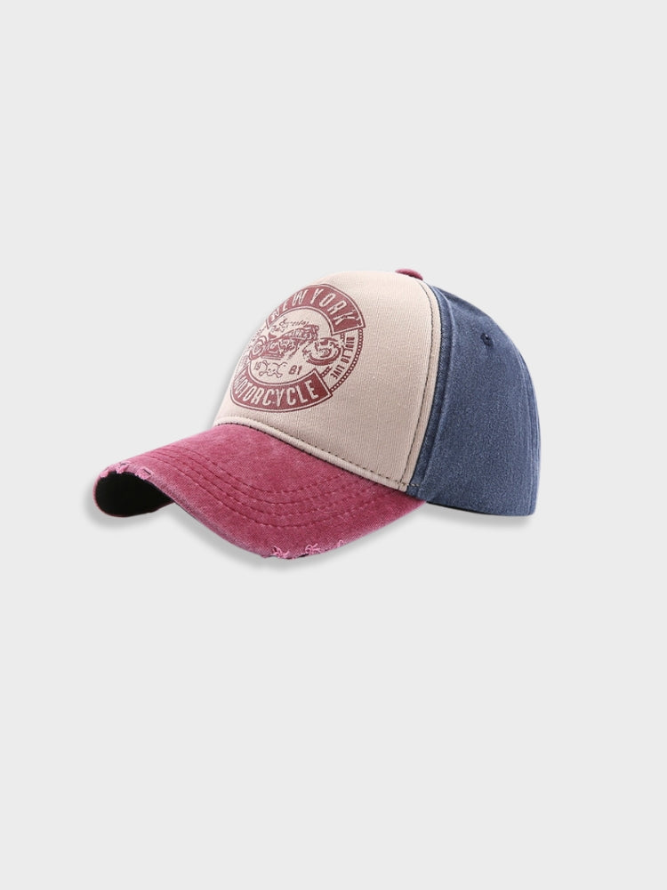 COLOR-BLOCKED BASEBALL CAP WITH DISTRESSED DETAILS MOTORCYCLE CAP