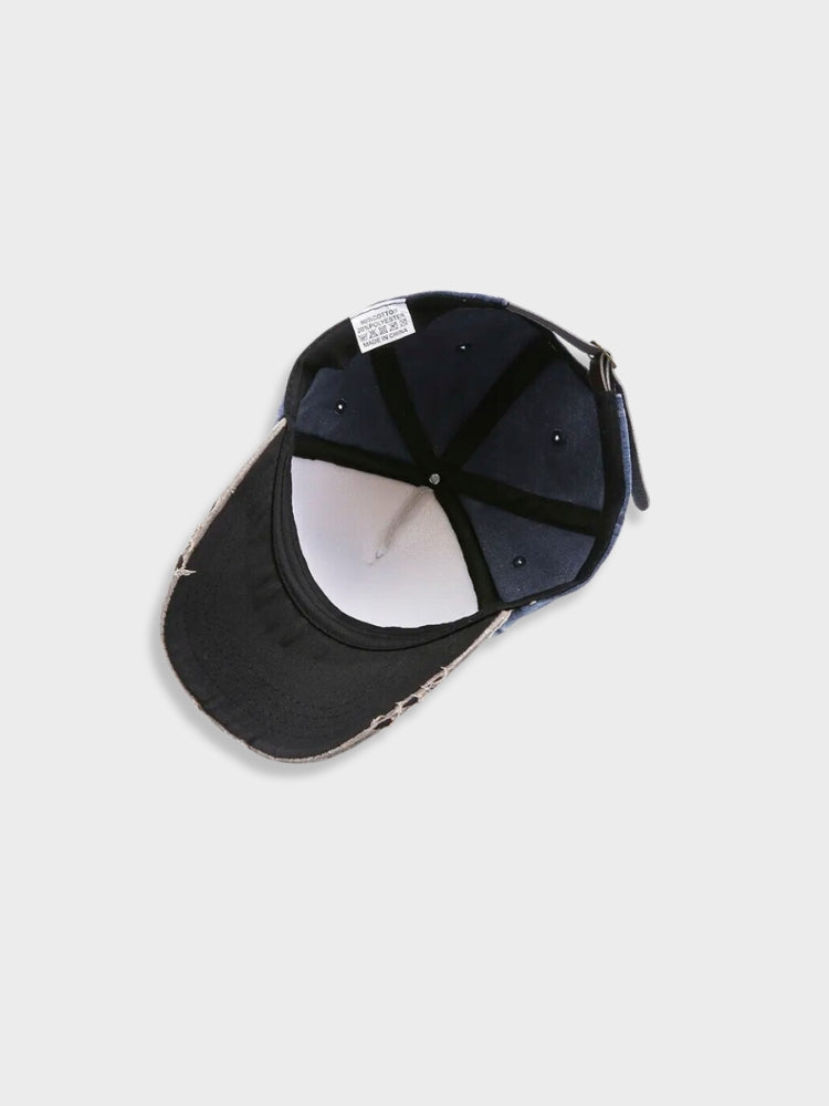 COLOR-BLOCKED BASEBALL CAP WITH DISTRESSED DETAILS MOTORCYCLE CAP