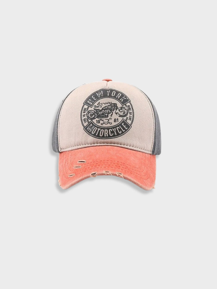 COLOR-BLOCKED BASEBALL CAP WITH DISTRESSED DETAILS MOTORCYCLE CAP