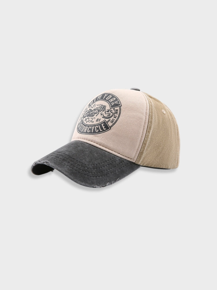 COLOR-BLOCKED BASEBALL CAP WITH DISTRESSED DETAILS MOTORCYCLE CAP