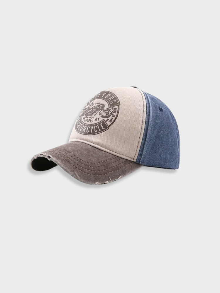 COLOR-BLOCKED BASEBALL CAP WITH DISTRESSED DETAILS MOTORCYCLE CAP