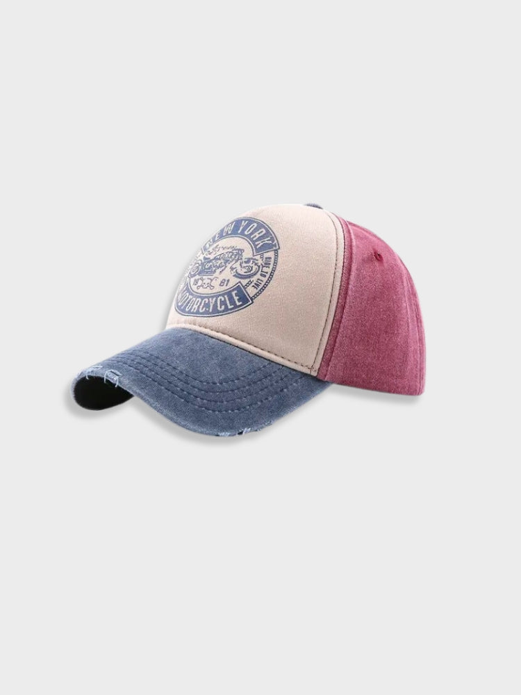 COLOR-BLOCKED BASEBALL CAP WITH DISTRESSED DETAILS MOTORCYCLE CAP