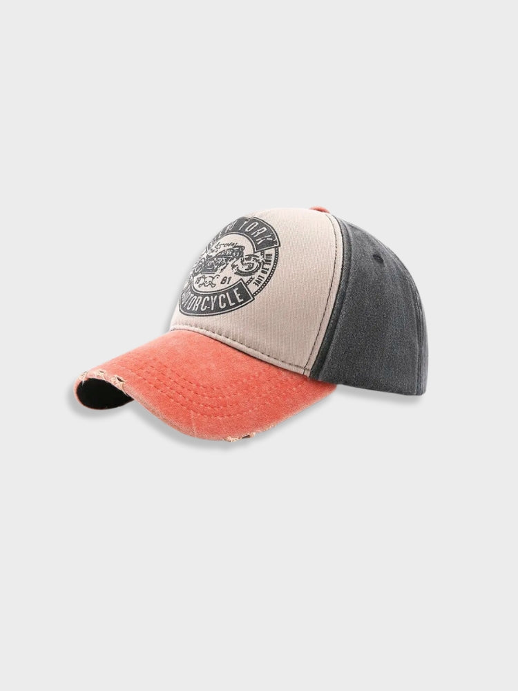COLOR-BLOCKED BASEBALL CAP WITH DISTRESSED DETAILS MOTORCYCLE CAP