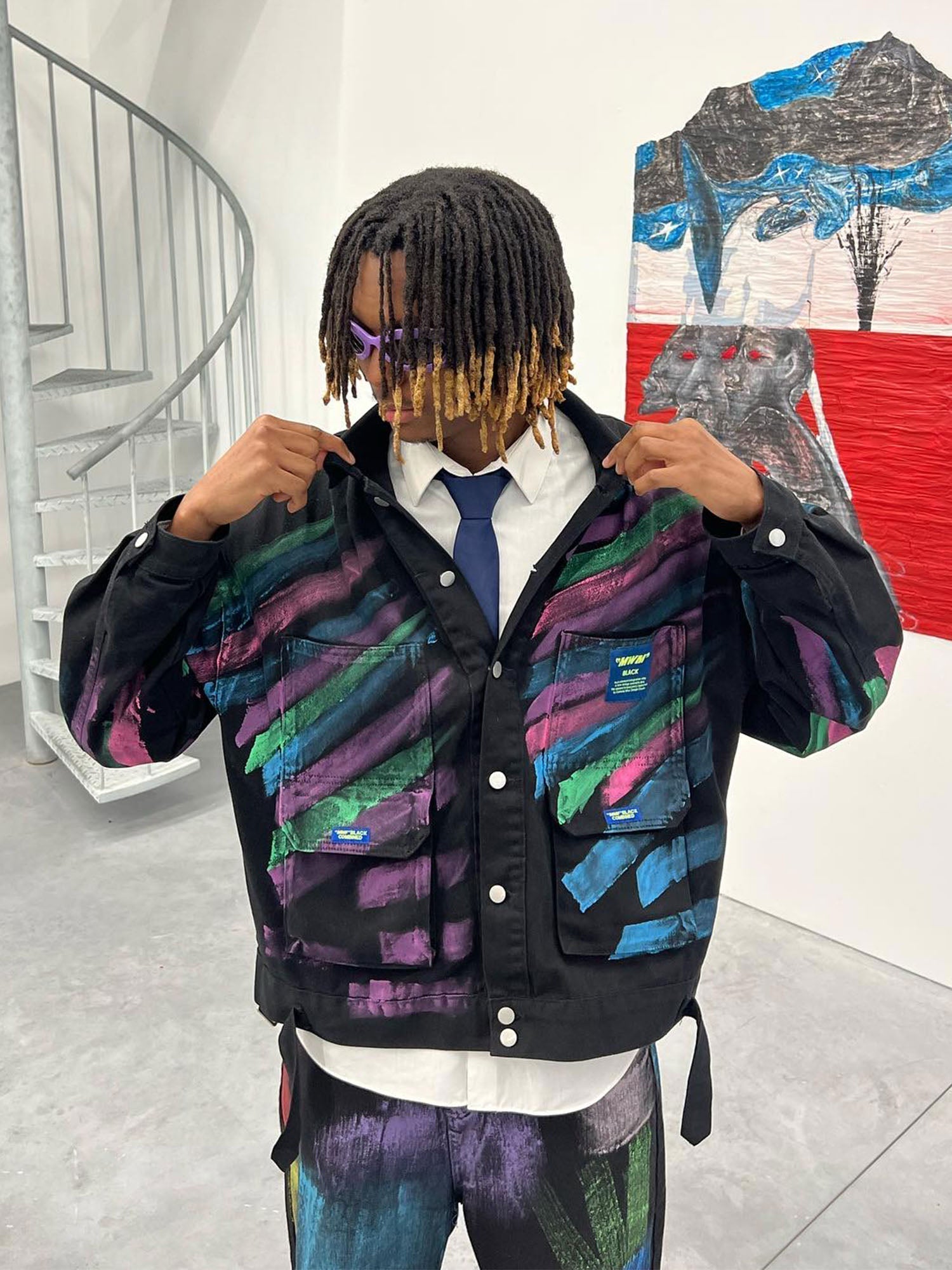 COLORFUL BRUSHSTROKE LONG SLEEVE JACKET WITH STAND COLLAR