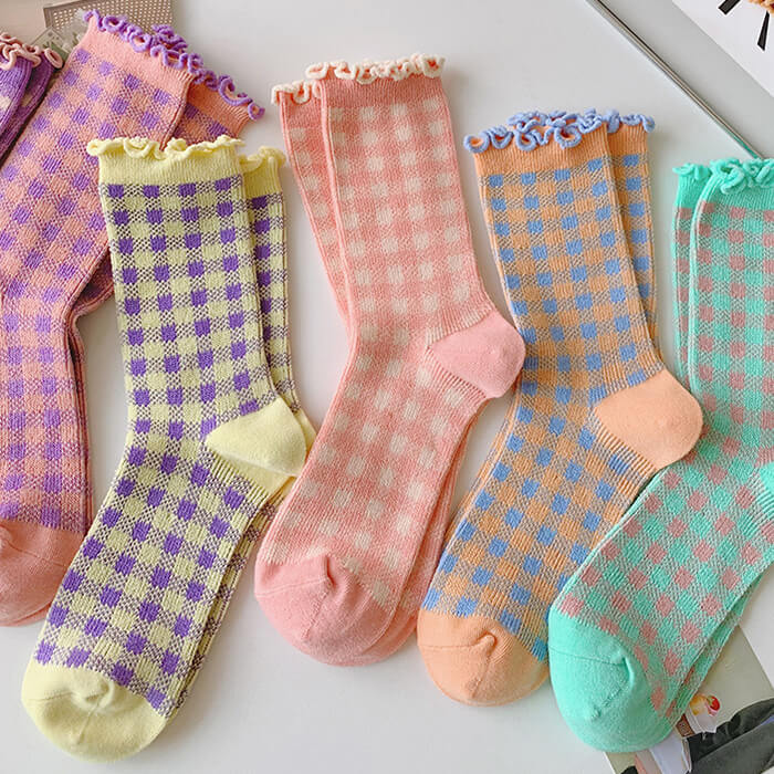 COLORFUL CHECKERED RUFFLE SOCKS FOR GIRLS SET OF 2
