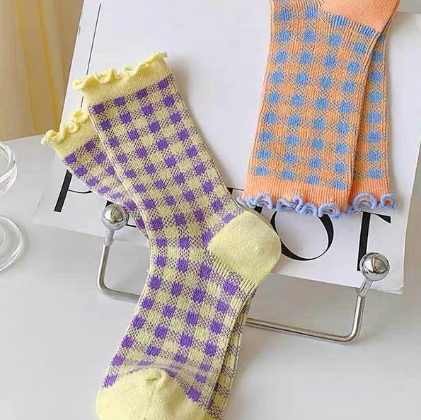 COLORFUL CHECKERED RUFFLE SOCKS FOR GIRLS SET OF 2