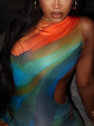 COLORFUL PATTERNED DRESS WITH GRADIENT VINTAGE SLEEVELESS DESIGN