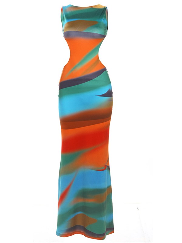 COLORFUL PATTERNED DRESS WITH GRADIENT VINTAGE SLEEVELESS DESIGN