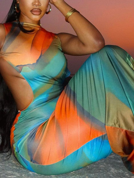 COLORFUL PATTERNED DRESS WITH GRADIENT VINTAGE SLEEVELESS DESIGN