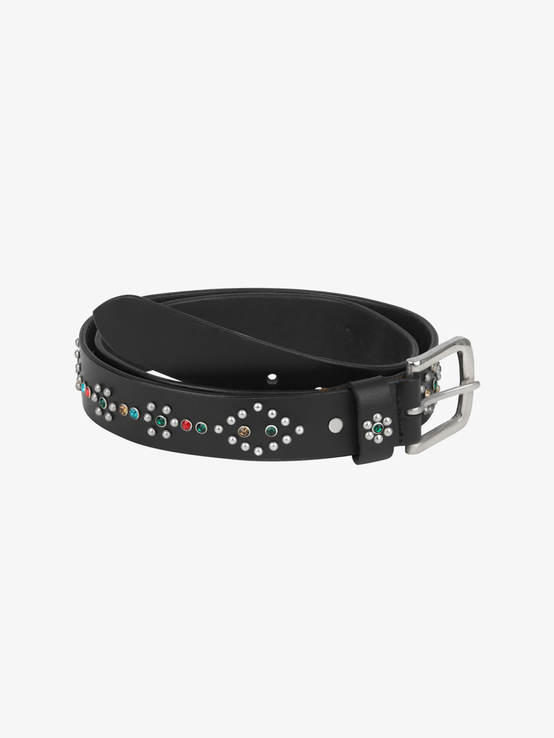COLORFUL RHINESTONE LEATHER BELT WITH ANTIQUE SILVER EMBELLISHMENTS