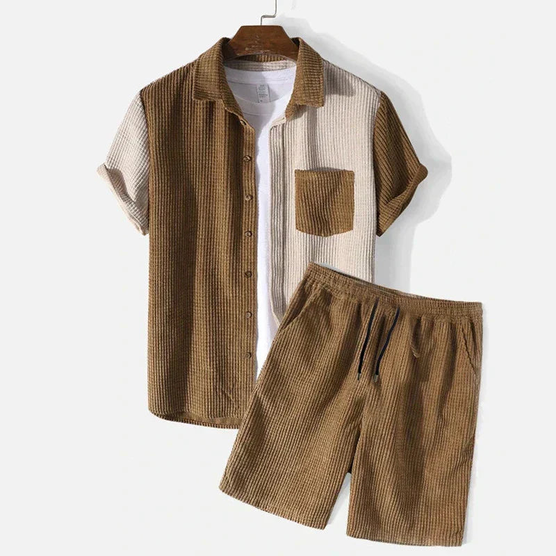 CORDUROY SHIRT AND SHORTS SET WITH CHEST POCKET AND ELASTIC WAISTBAND