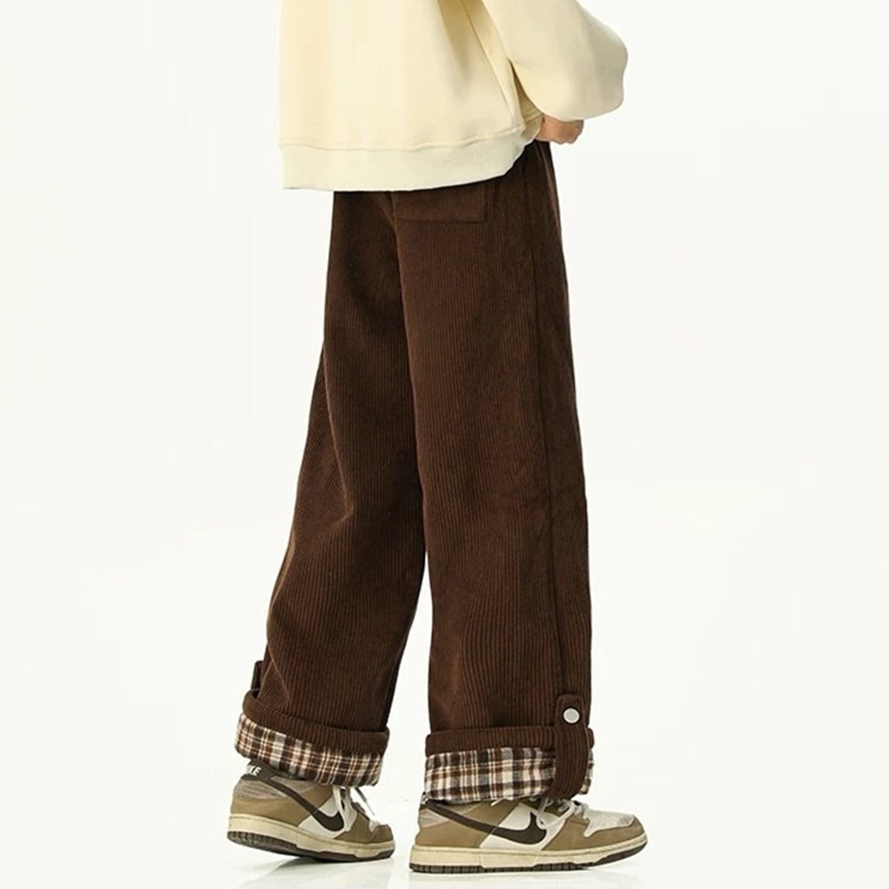 CORDUROY TROUSERS: CHECKERED PLAID CUFF WIDE-LEG PANTS