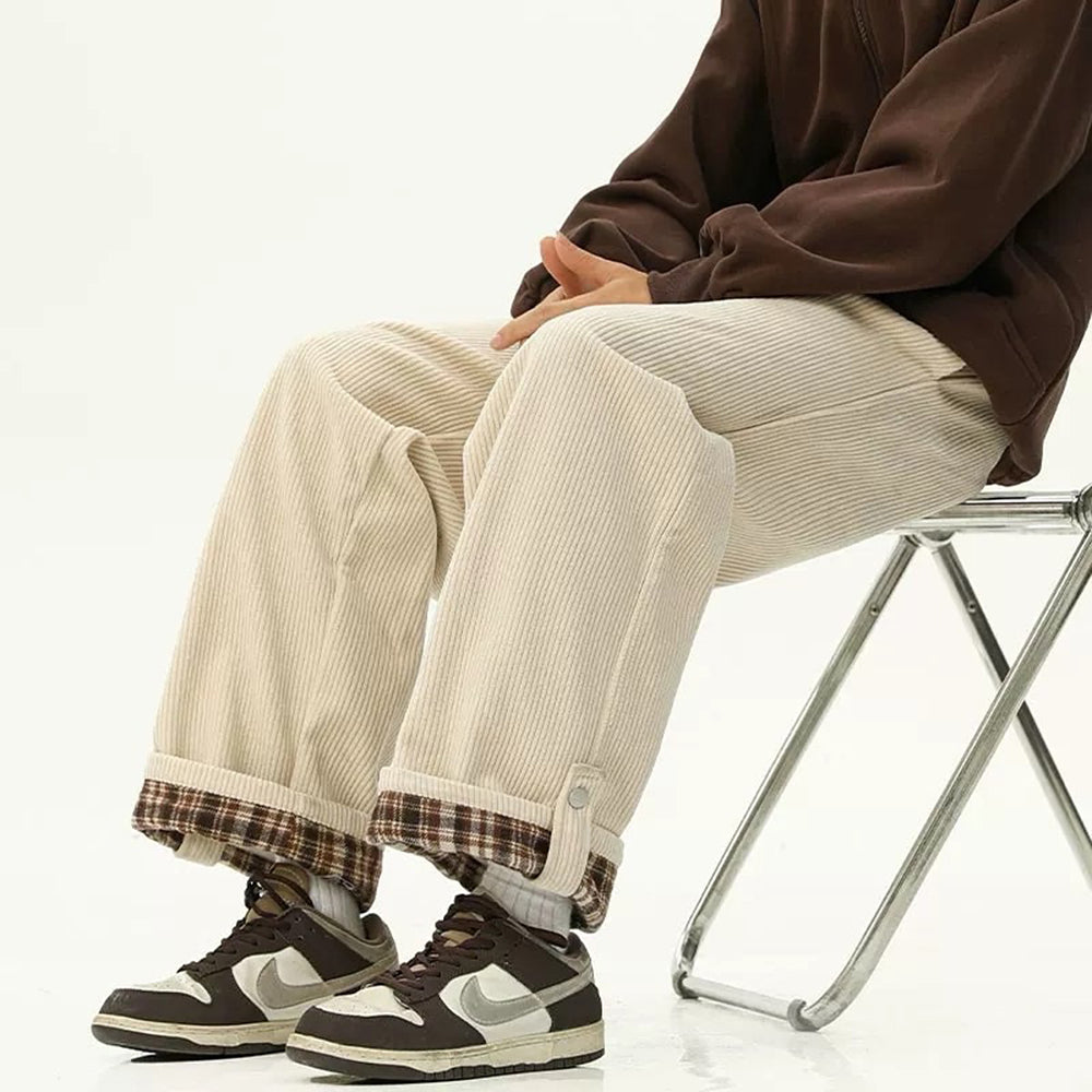 CORDUROY TROUSERS: CHECKERED PLAID CUFF WIDE-LEG PANTS