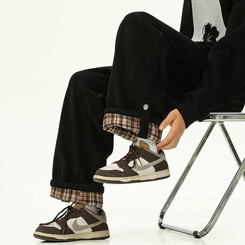 CORDUROY TROUSERS: CHECKERED PLAID CUFF WIDE-LEG PANTS