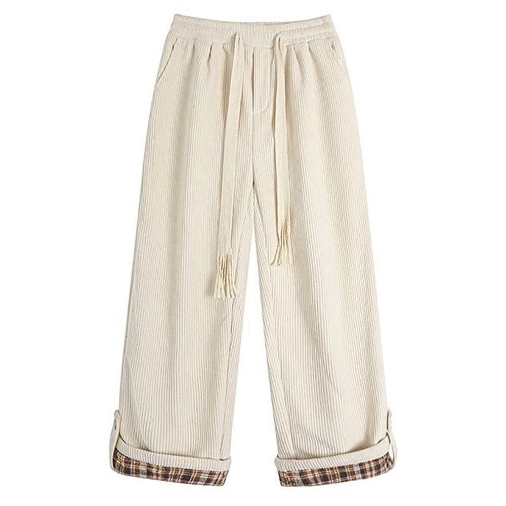 CORDUROY TROUSERS: CHECKERED PLAID CUFF WIDE-LEG PANTS