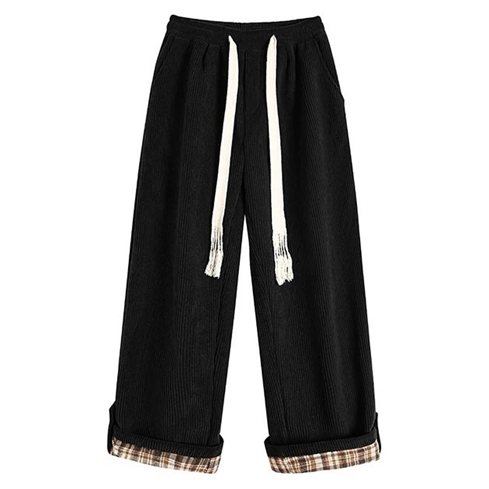 CORDUROY TROUSERS: CHECKERED PLAID CUFF WIDE-LEG PANTS