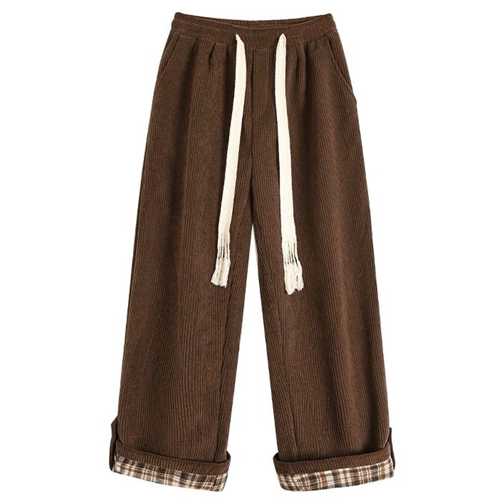 CORDUROY TROUSERS: CHECKERED PLAID CUFF WIDE-LEG PANTS