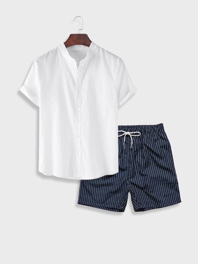 COTTON SHIRT AND STRIPED SHORTS SET FOR EVERYDAY WEAR