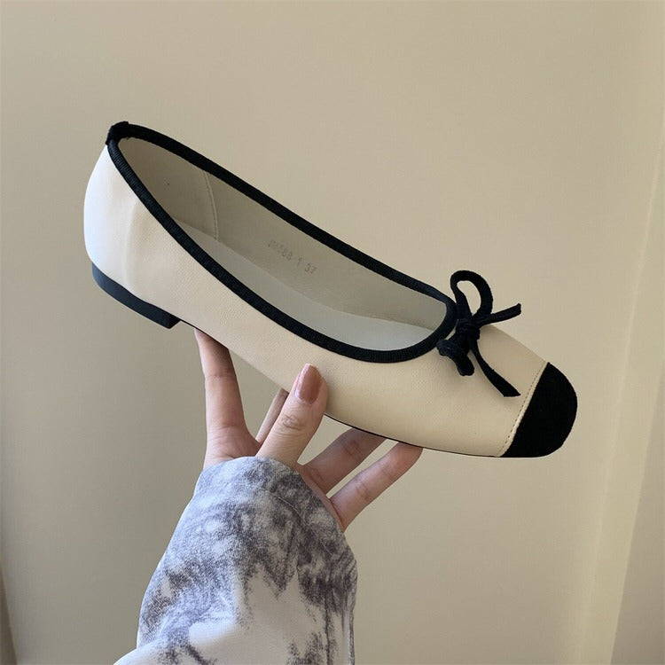 CREAM BALLET FLATS WITH BLACK TRIM AND BOWS FOR WOMEN