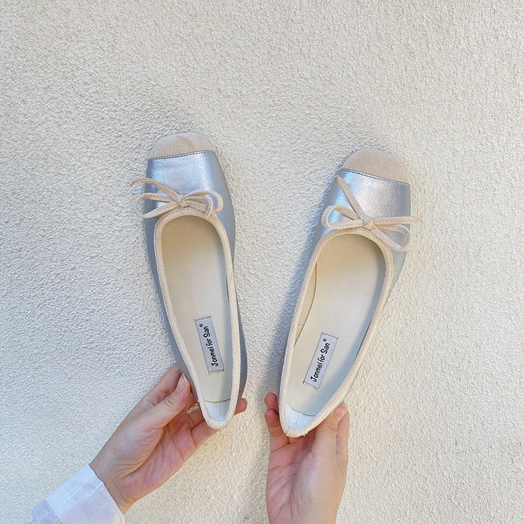 CREAM BALLET FLATS WITH BLACK TRIM AND BOWS FOR WOMEN
