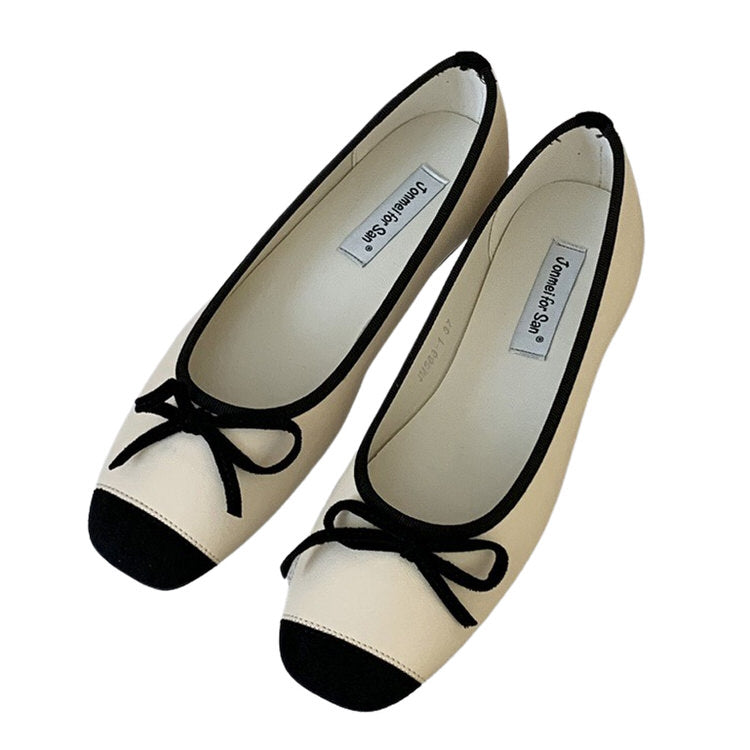 CREAM BALLET FLATS WITH BLACK TRIM AND BOWS FOR WOMEN
