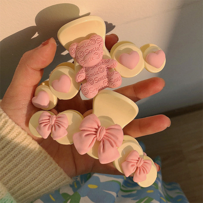 CREAM-COLORED HAIR CLAW WITH PINK BOWS SOFT GIRL BOW FOR GIRL BOW HAIR