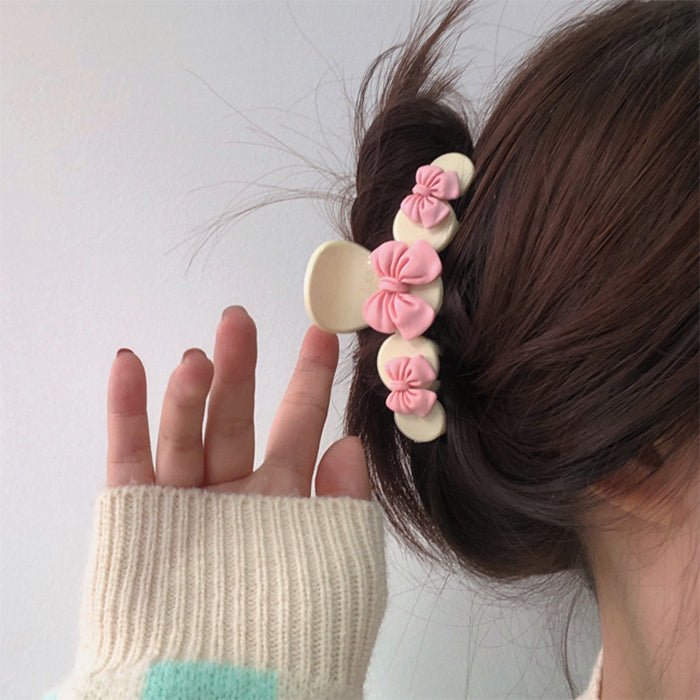 CREAM-COLORED HAIR CLAW WITH PINK BOWS SOFT GIRL BOW FOR GIRL BOW HAIR