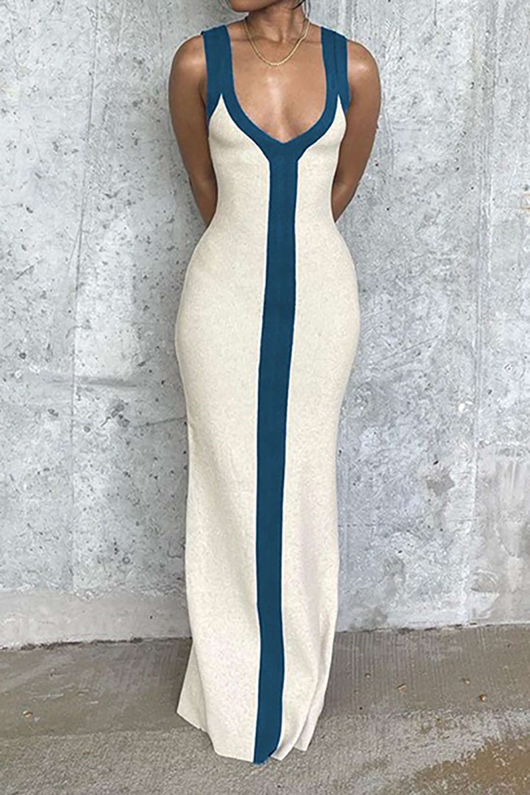 CREAM-COLORED MAXI DRESS WITH TEAL TRIM - SEMI-TRANSPARENT MAXI DRESS