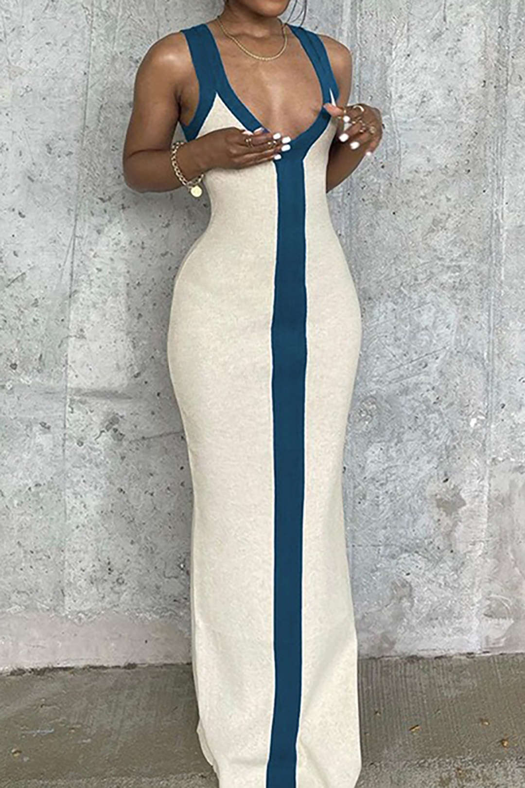 CREAM-COLORED MAXI DRESS WITH TEAL TRIM - SEMI-TRANSPARENT MAXI DRESS