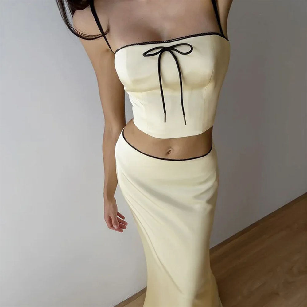 CREAM-COLORED TWO-PIECE DRESS WITH BLACK TRIM FOR WOMEN