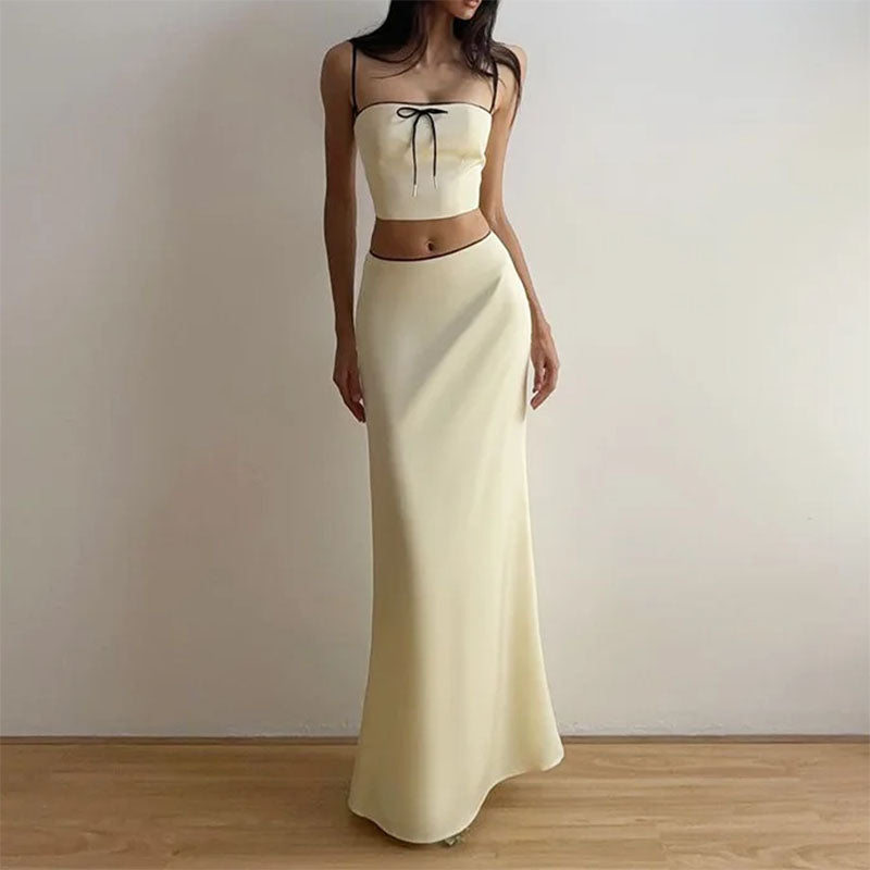 CREAM-COLORED TWO-PIECE DRESS WITH BLACK TRIM FOR WOMEN