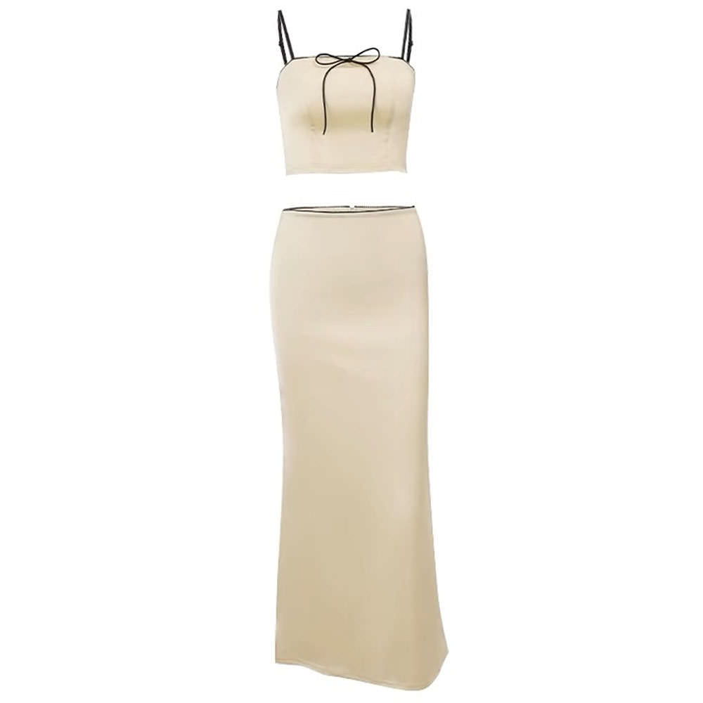CREAM-COLORED TWO-PIECE DRESS WITH BLACK TRIM FOR WOMEN